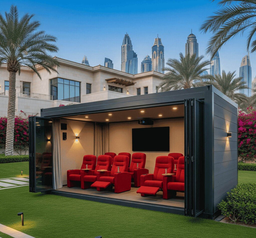 Outdoor home theatre pod for Dubai villas garden cinema room by Richfield, Pergolas Dubai