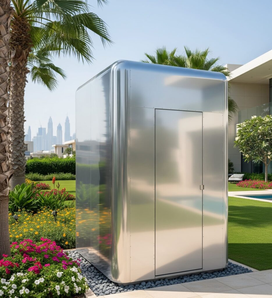 outdoor storage cabinet ideal for organizing garden tools and outdoor equipment in a small garden space